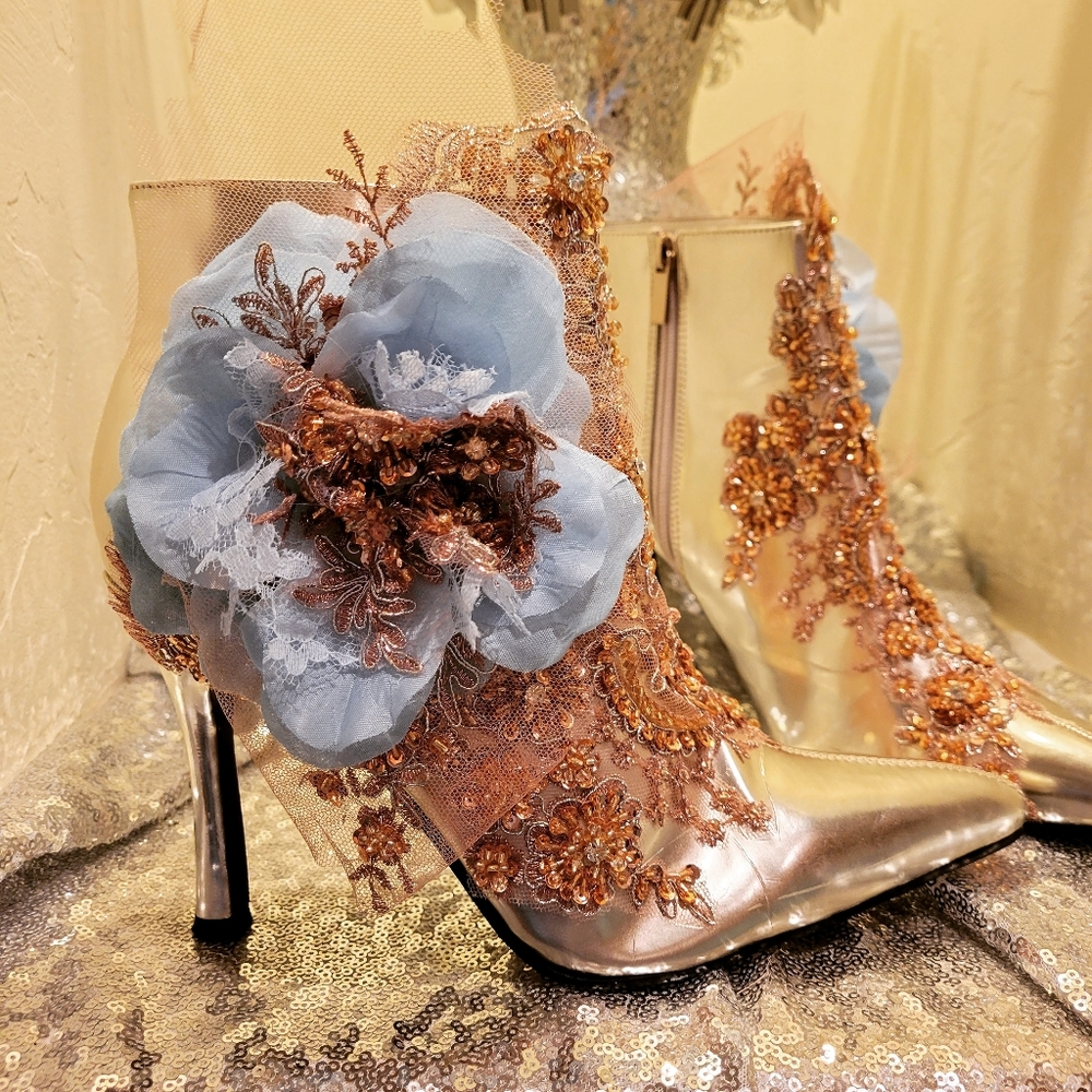 "VERONICA" Silver Blue Beaded Lace Wedding Booties